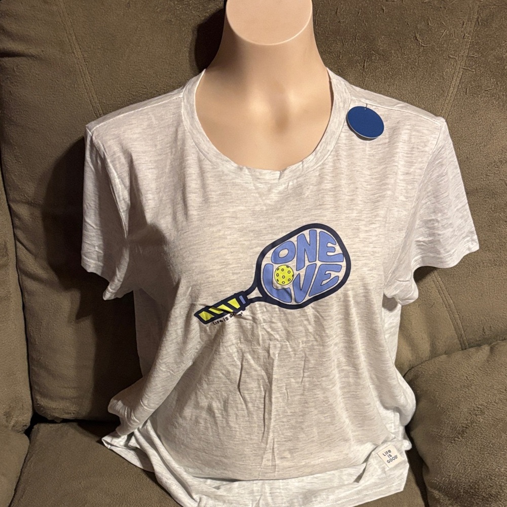 Life Is Good White Tee with Blue and Yellow Graphic